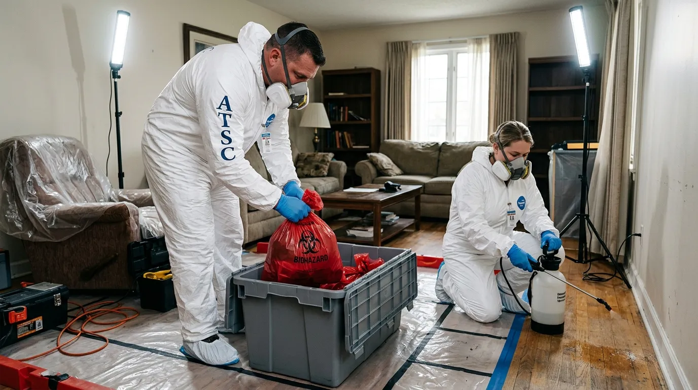 Professional Biohazard Cleanup technician in full PPE working in Parkwood Manor